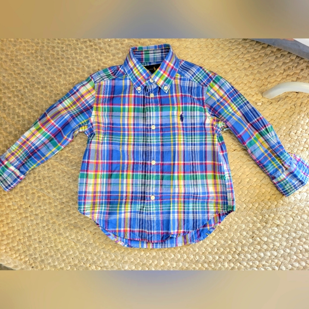 Ralph Lauren Blue Plaid 100% Cotton Boy's Button Down Shirt Size 2T